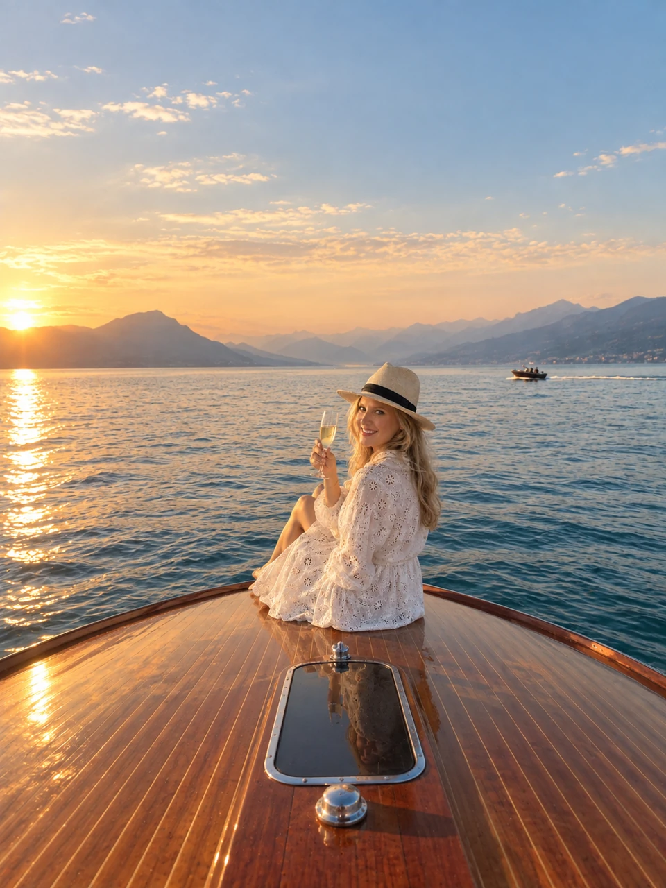 Sina sitzt auf einem Holzboot auf dem Gardasee und hält bei Sonnenuntergang ein Glas in der Hand